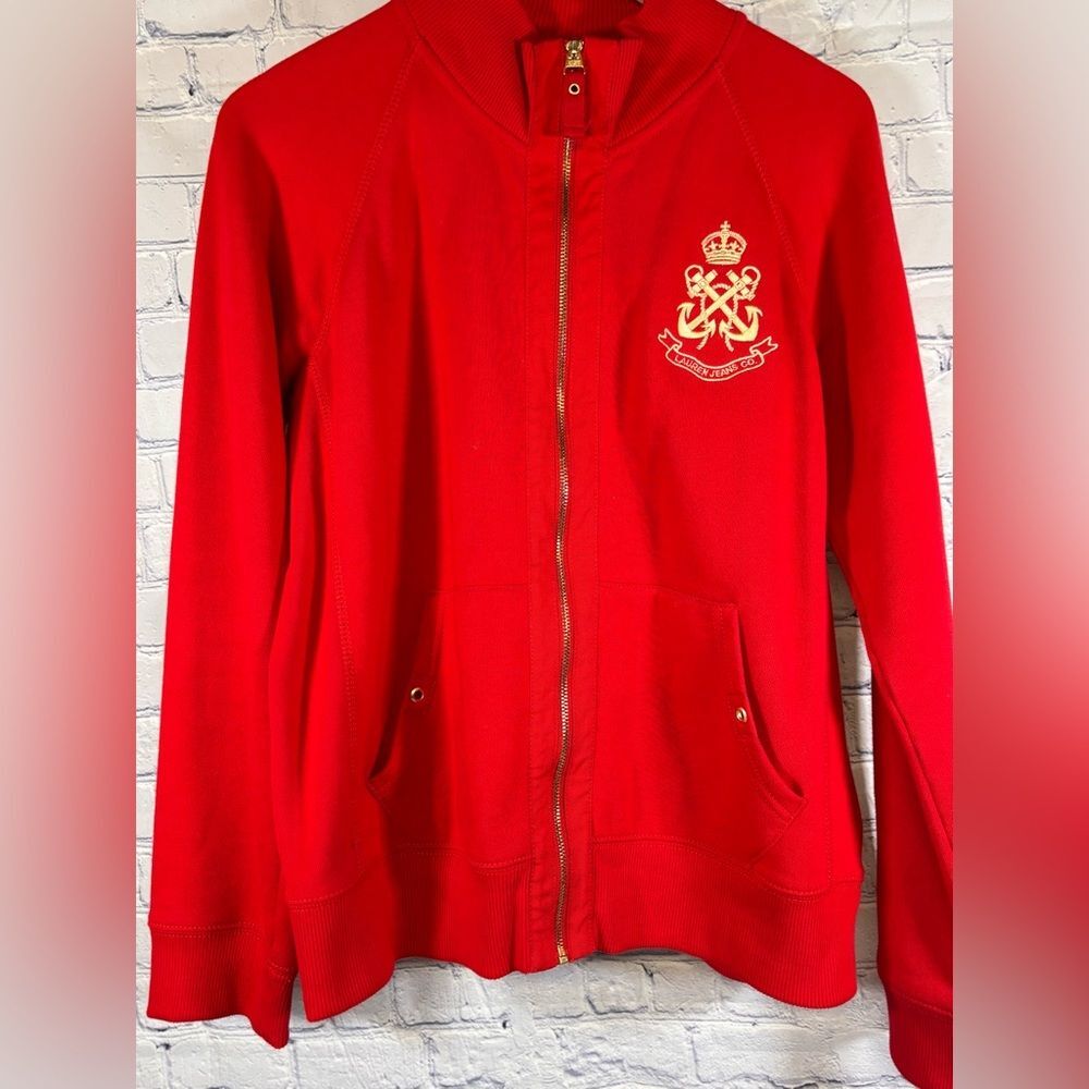 Lauren Jeans Co Red Gold Crest Nautical Preppy Casual Full Zip Sweatshirt XL